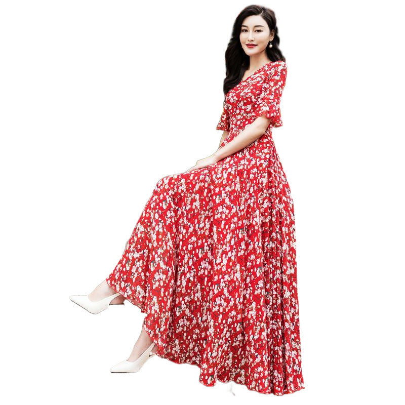 Floral Skirt Big Swing Chiffon Dress Summer Plus Size Below The Knee