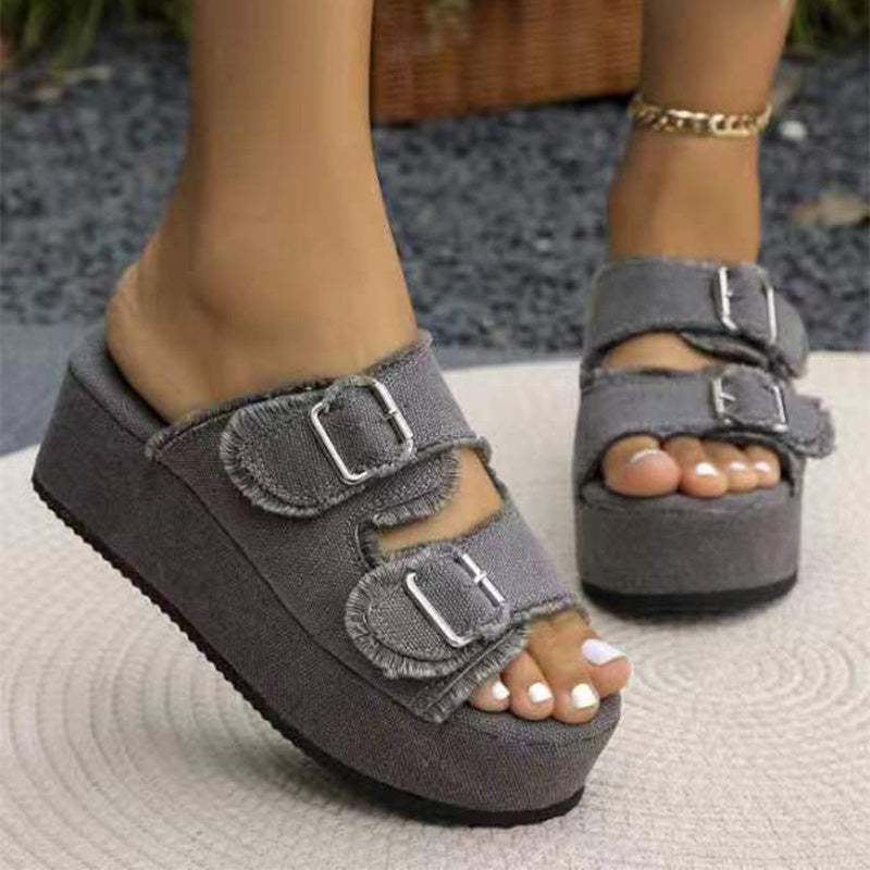 Fashion Denim Buckle Wedges Sandals Summer Outdoor High Heel Slippers Thick Bottom Shoes For Women