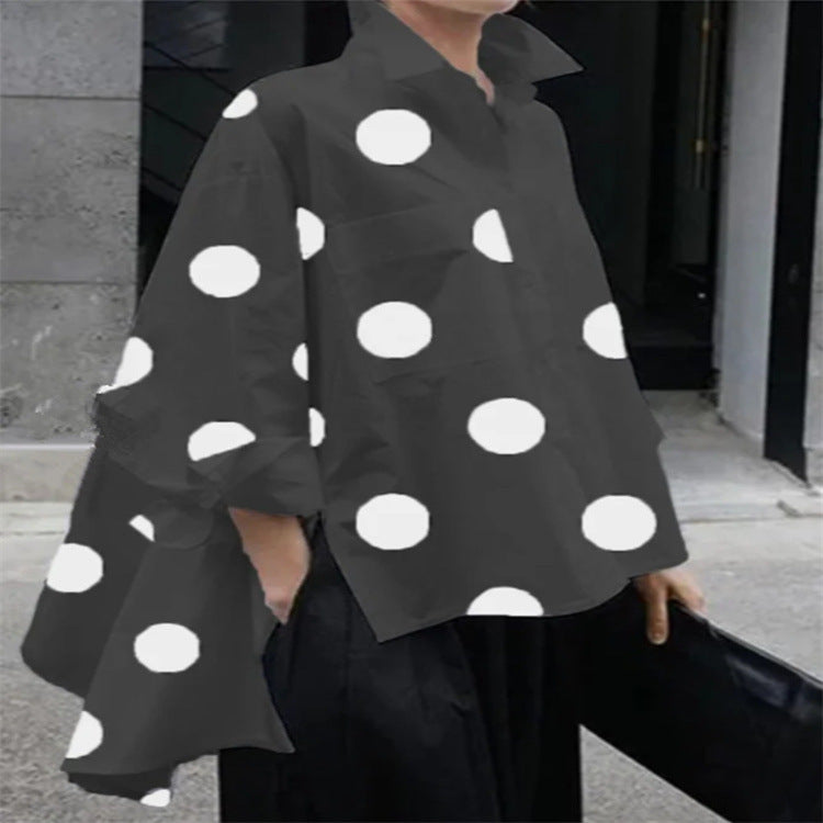 Long Sleeve Polka Dot Chiffon Temperament Commute White Lapel Shirt