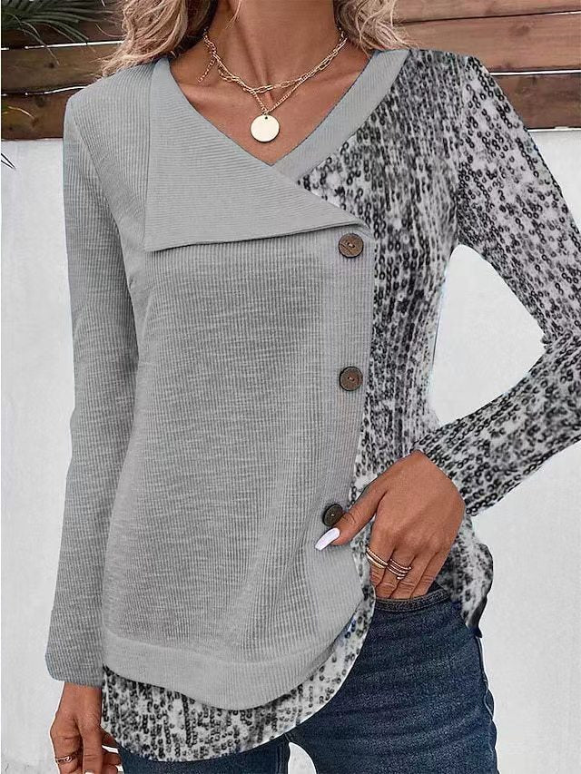 Female Threaded Pit Stripe Printed V-neck Button Top