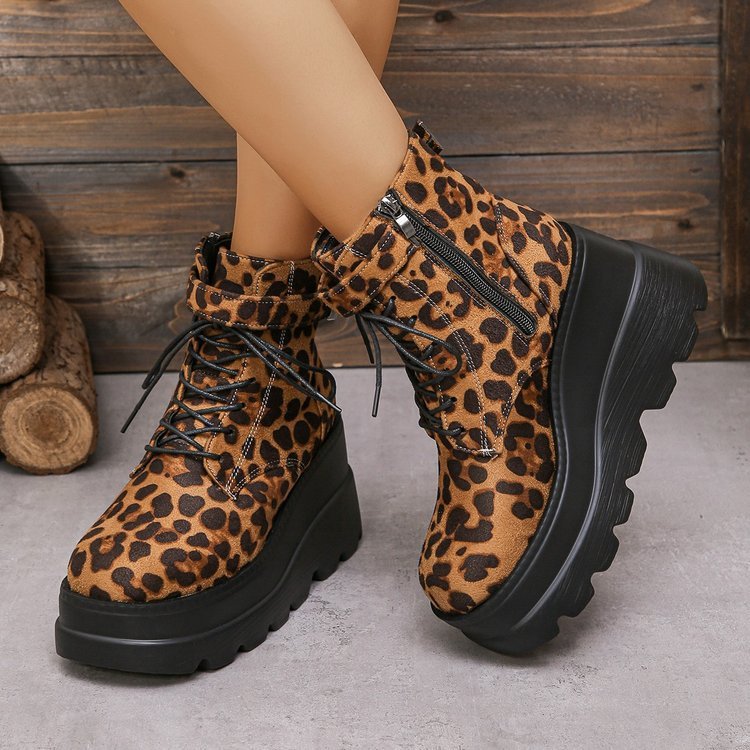 Plus Size Leopard Print Thick Bottom Height-increasing Martain Boots