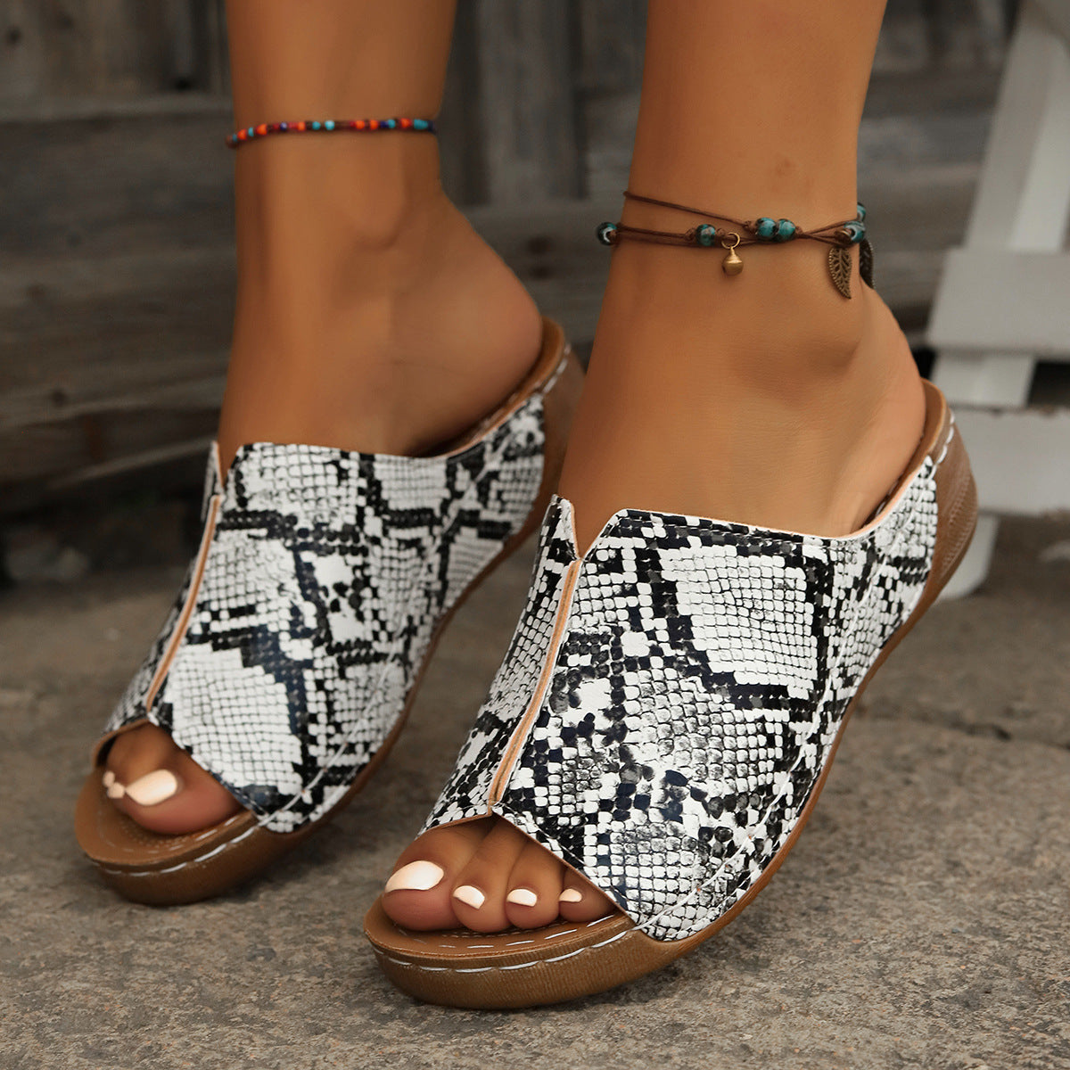 European And American Leopard Print Three-dimensional Snake Print Wedge Sandals