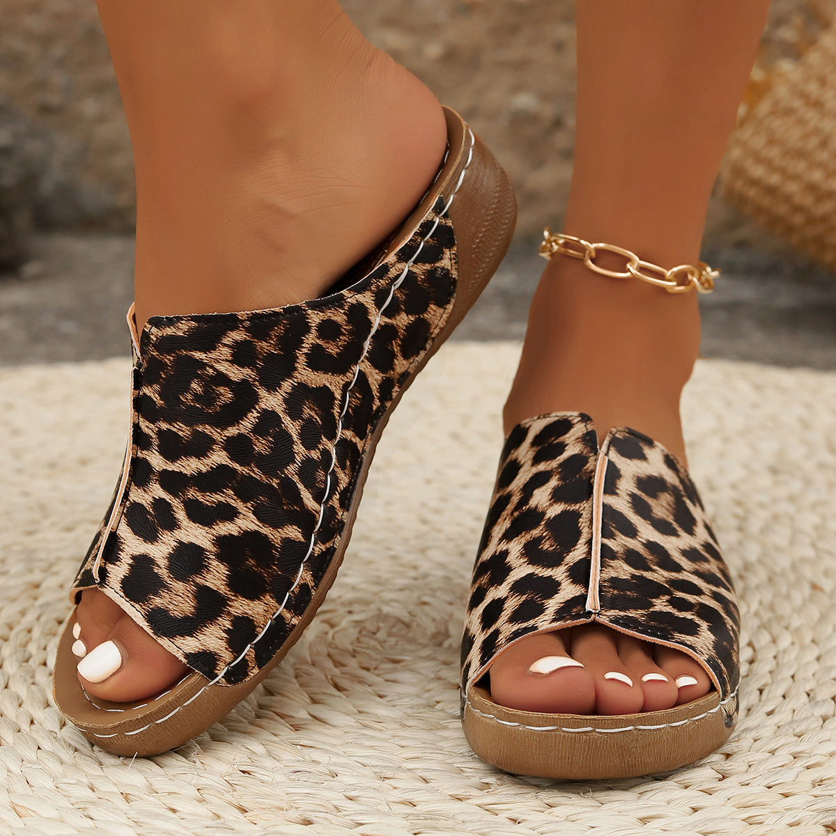 European And American Leopard Print Three-dimensional Snake Print Wedge Sandals