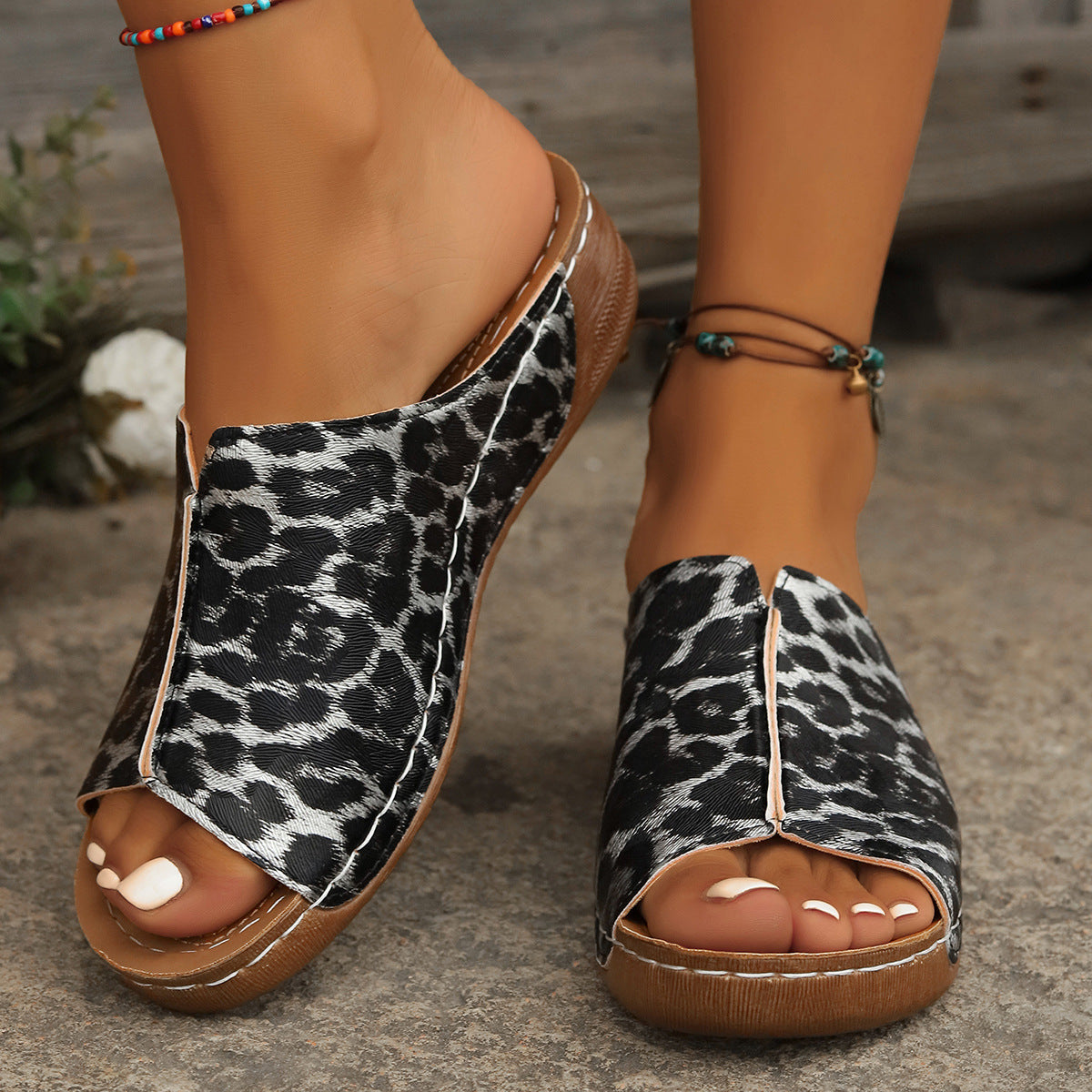 European And American Leopard Print Three-dimensional Snake Print Wedge Sandals