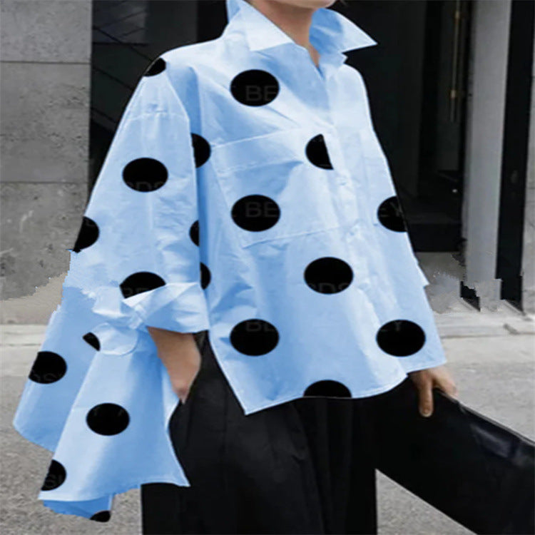 Long Sleeve Polka Dot Chiffon Temperament Commute White Lapel Shirt