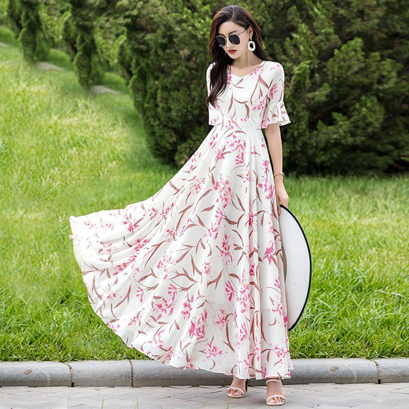 Floral Skirt Big Swing Chiffon Dress Summer Plus Size Below The Knee