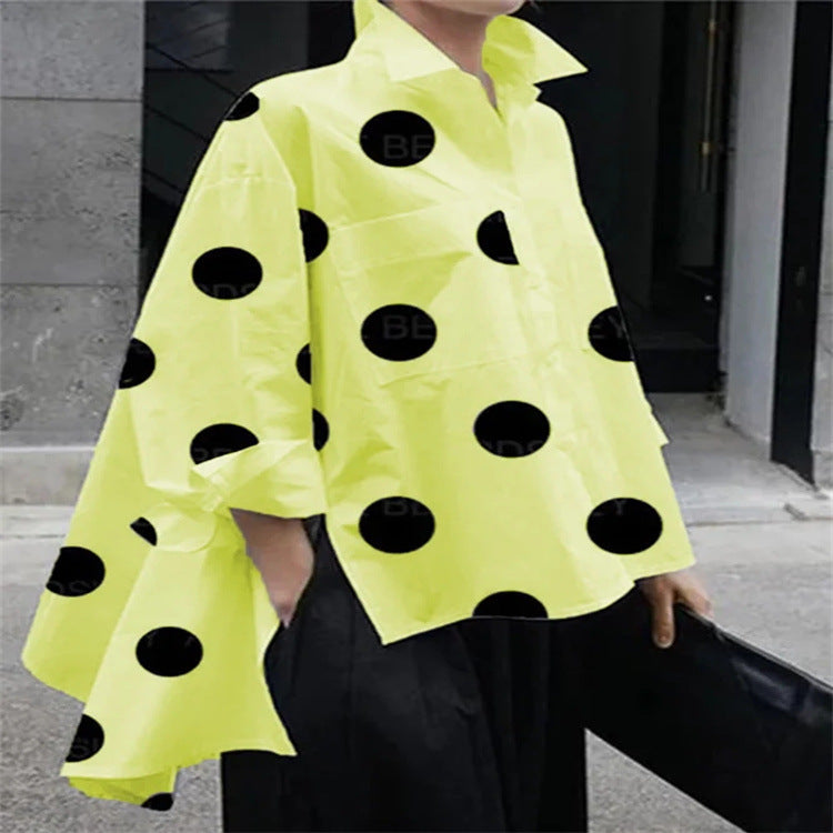 Long Sleeve Polka Dot Chiffon Temperament Commute White Lapel Shirt