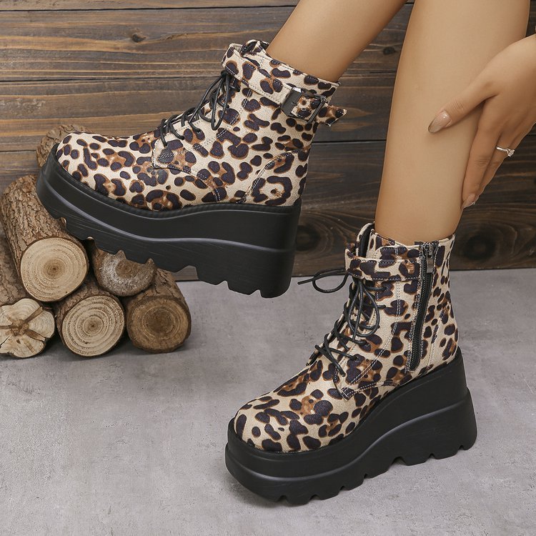 Plus Size Leopard Print Thick Bottom Height-increasing Martain Boots